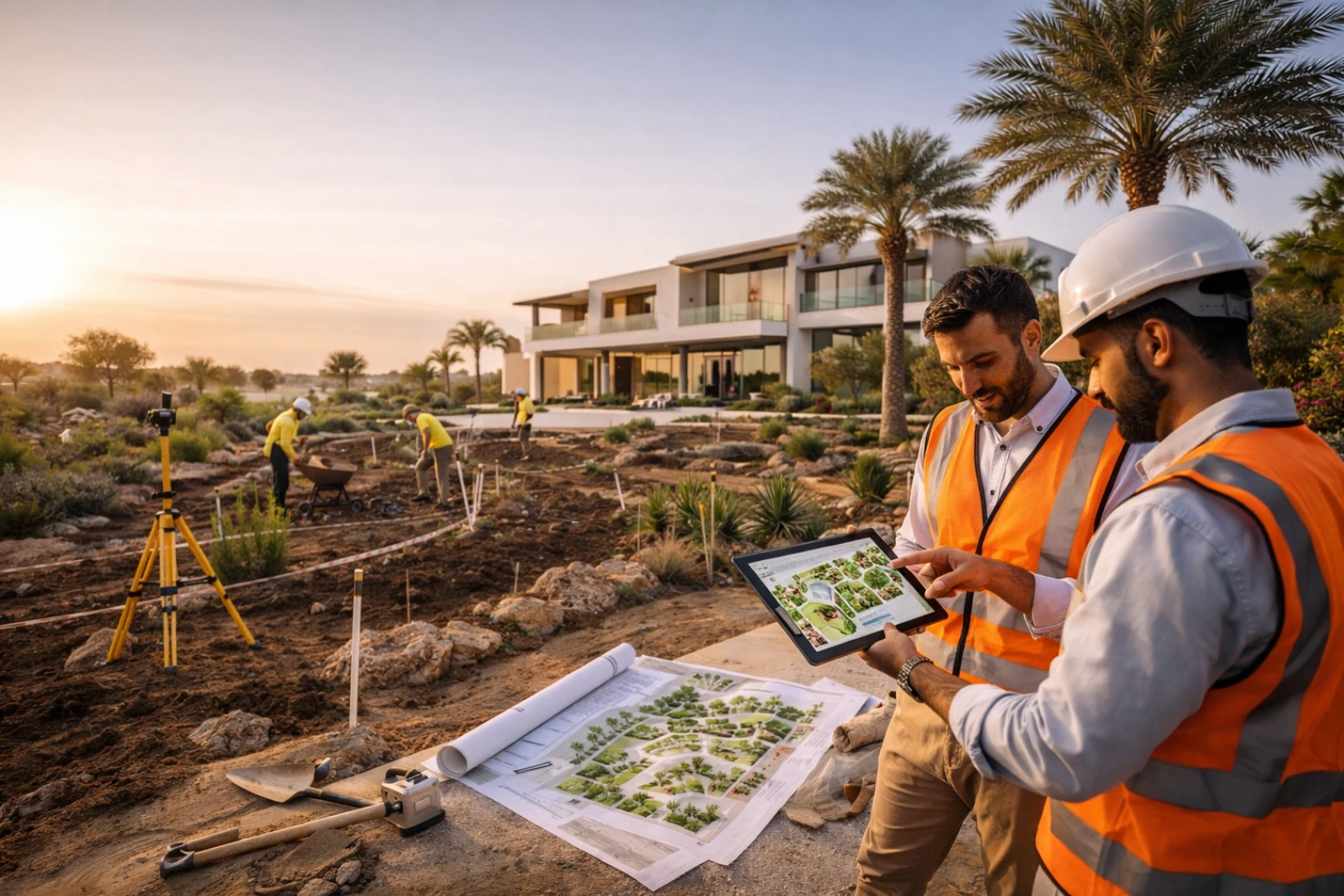 Designers planning villa landscape layout for Landscape Design Dubai project