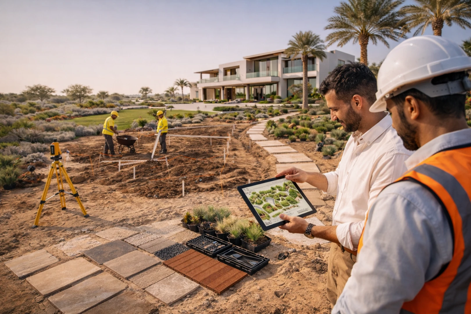 Professional team preparing luxury villa Landscape Design Dubai plans