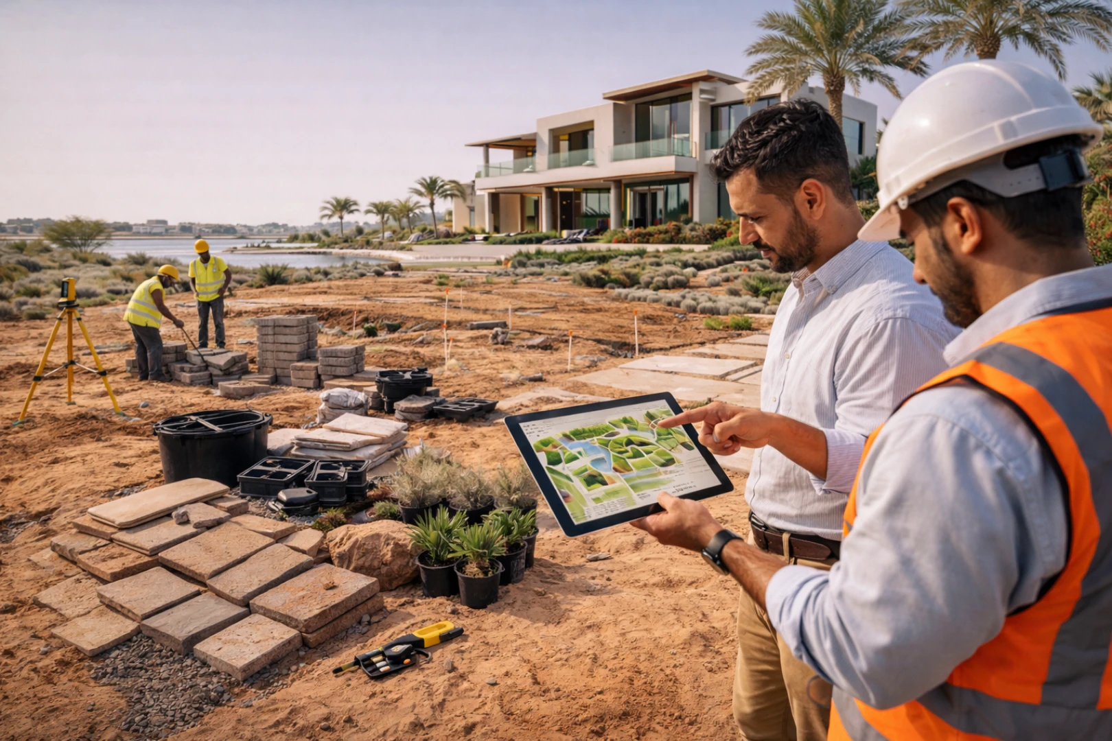 Workers preparing lawn edges before Landscape Design Dubai installation