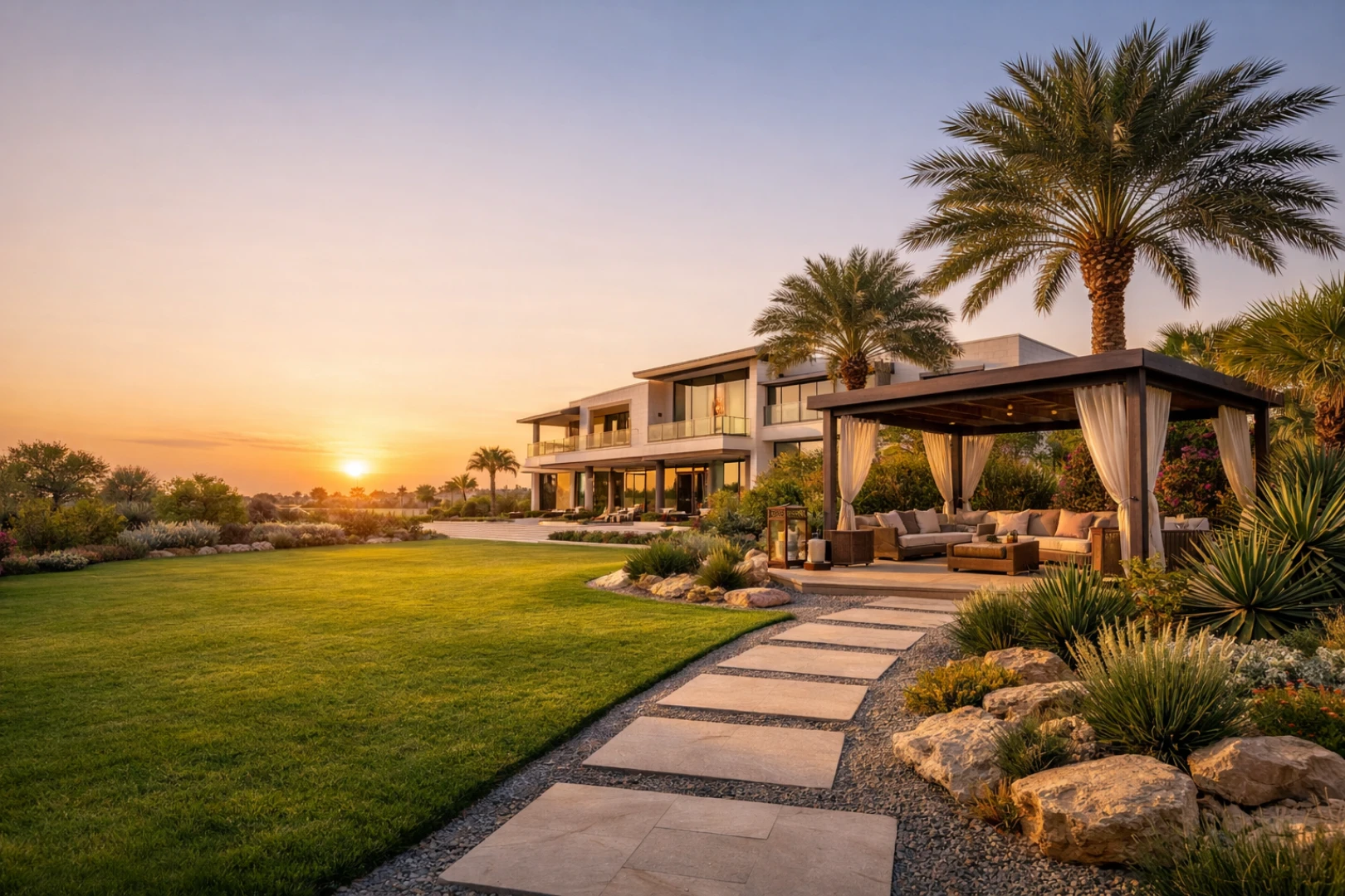 Luxury villa garden with workers performing Landscape Design Dubai installation