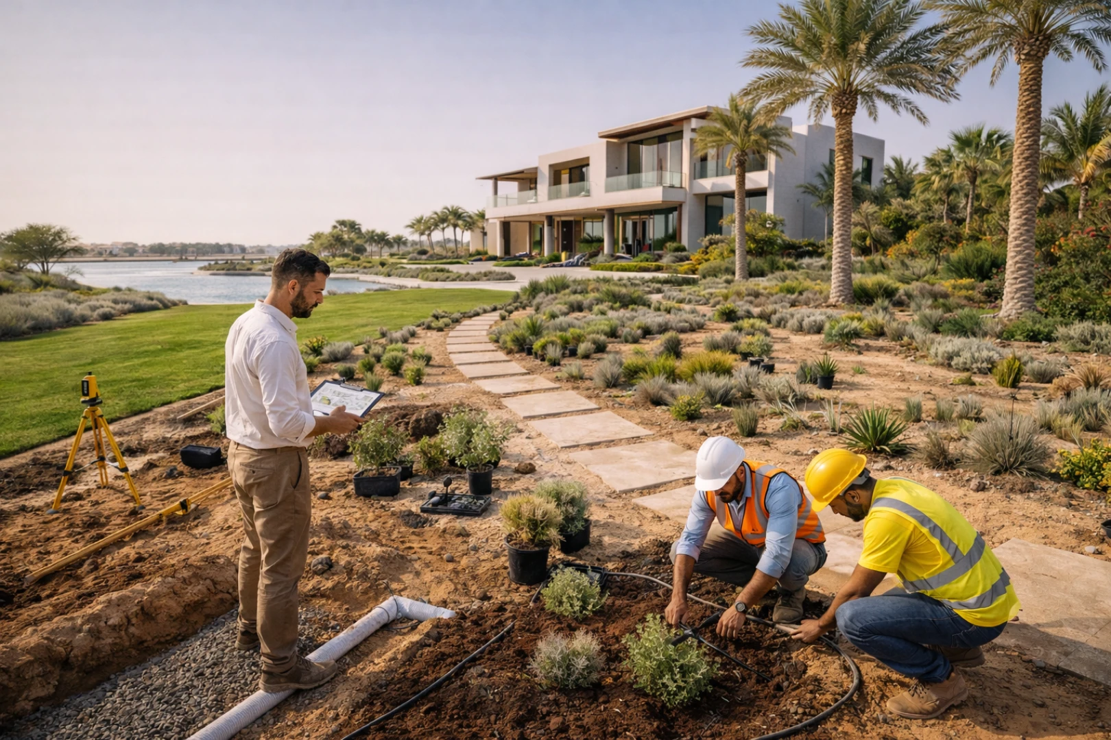 Landscaping team maintaining Dubai luxury villa garden landscape