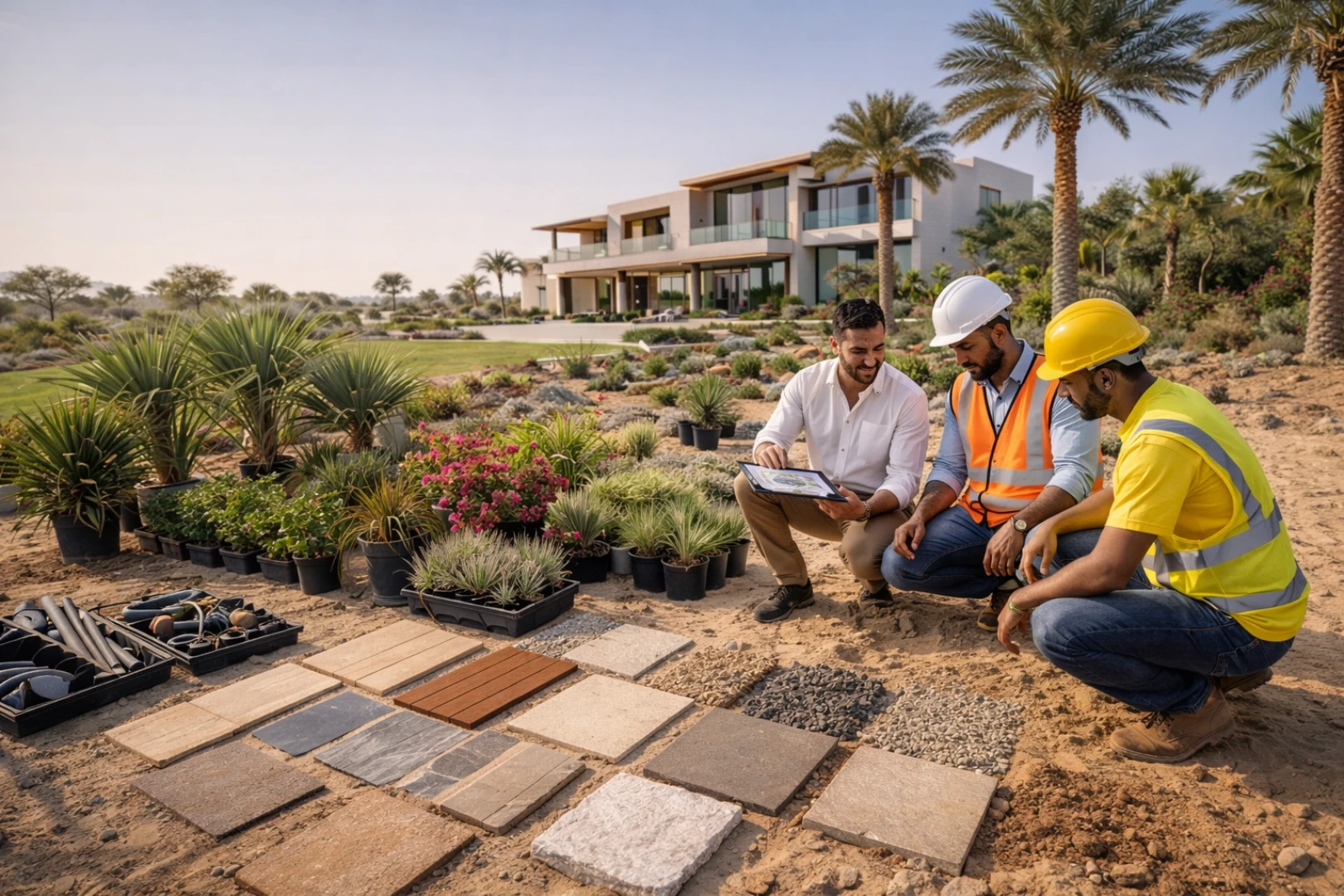 Workers selecting plants for villa landscape design Dubai garden project