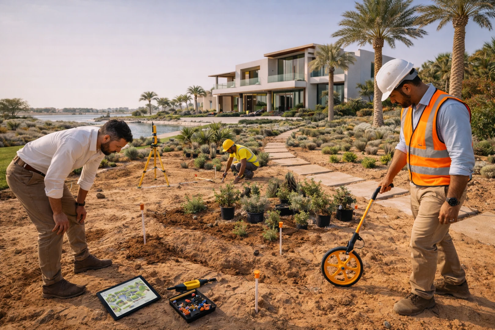 Landscape expert inspecting soil during Landscape Design Dubai site visit